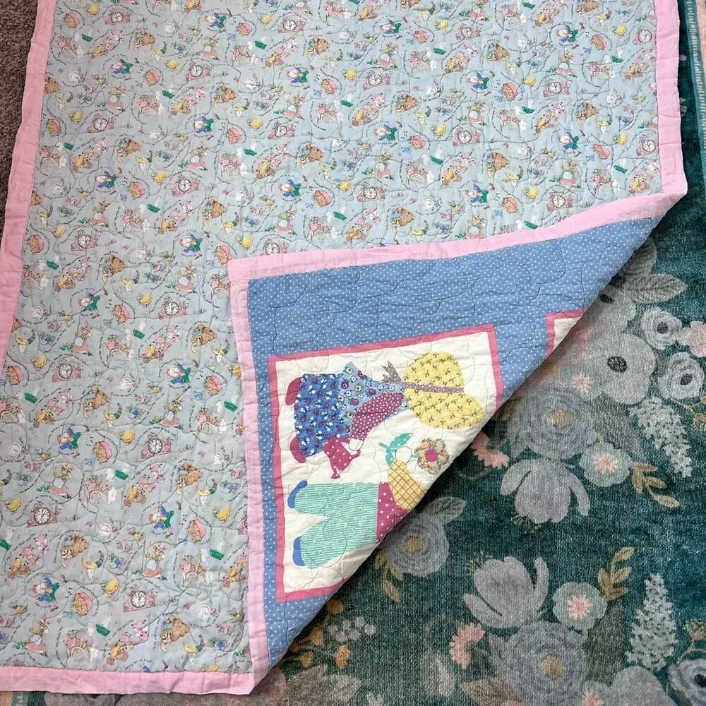 Vintage Sunbonnet Sue Sam Blue Pink Holly Hobby Style Bonnet Throw Quilt 49"x43" - Picture 12 of 15